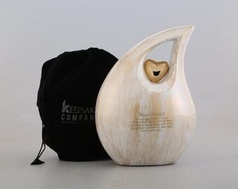 Extra grote parelwitte crematie-urn – druppel met gouden hart