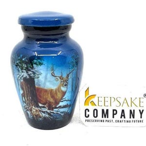 Engraved Mini Urn for Ashes – Serene Blue Reindeer Keepsake