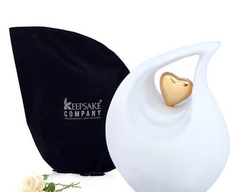 White Cremation Urn with Golden Heart – Adult Ashes Urn