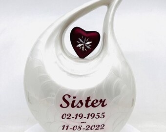 White Teardrop Cremation Urn with Red Heart – Adult Ashes, Engravable