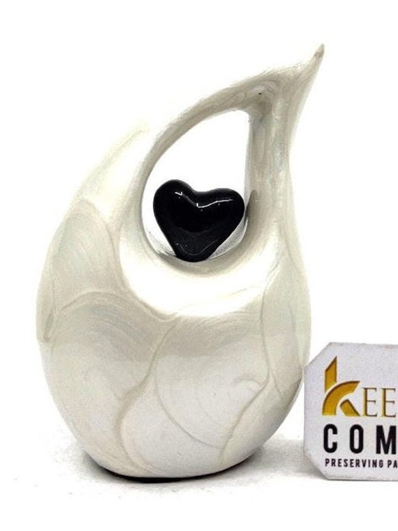 Pearl White Teardrop Mini Cremation Urn With Black Heart Small Urn