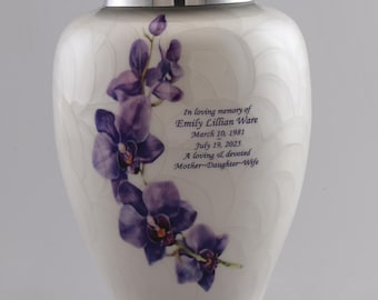 Purple Orchid Cremation Urn - Decorative Aluminum for Ashes - Engravable