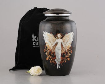 White Angel Cremation Urn for Ashes, Memorial Funeral Urn, Velvet Bag Included