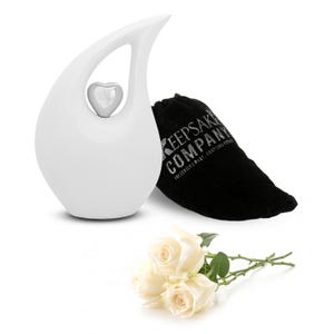 Cremation Urn White Matt Teardrop with Silver Heart, Medium 6 Inch Memorial Urn for Human Ashes, Keepsake Urn for Loved Ones