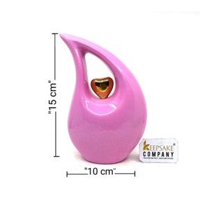 Pink Teardrop Cremation Urn for Human Ashes  with Golden Heart in Medium size (6 Inches/ 15 centimeters) Urn - Memorial Urn - Small Urn