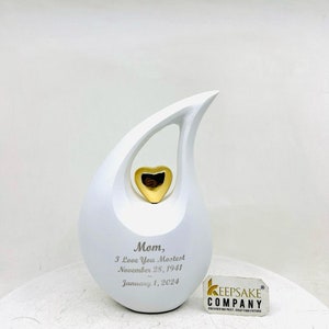 White matt  Teardrop metal Cremation Urn  with Golden Heart in Medium size (6 Inches/ 15 centimeters) height - Urn For Ashes - Ash Urn