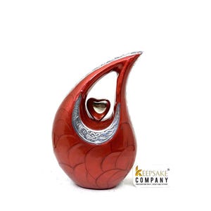 Red Teardrop Cremation Urn with Silver Heart – Memorial Ash Urn (6 Inches)