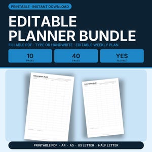 Planificateur Modifiable PDF Remplissable, Taper ou Ecrire a la Main, Semainier Budget Menu Objectifs, A4 A5 US Letter Half Letter