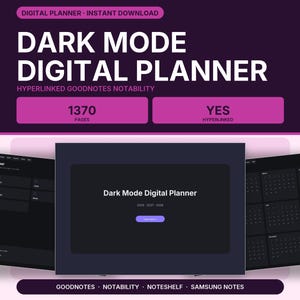 Planner numérique mode sombre 2026 2027 2028, planner GoodNotes noir iPad, quotidien hebdomadaire mensuel, Notability Android