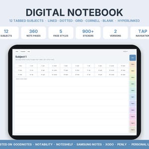 Digitales Notizbuch für GoodNotes, 12 Register, linierte karierte punktierte Cornell Seiten, verlinktes iPad Notizbuch, Notability Android