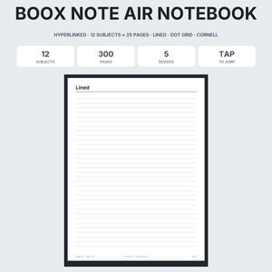 Op de afbeelding: Een digitaal Boox Note Air notitieboek met een gelinieerde paginalay-out. De interface bevat tekst voor 12 onderwerpen, 300 pagina's, 5 apparaten en een tik-om-te-springen functie. Het is een hyperlinked PDF voor Remarkable, Supernote en Kindle Scribe.