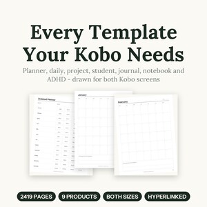 Paquete de plantillas para Kobo Elipsa 2E y Kobo Sage 2026-2027: planificador con hipervínculos, proyecto, estudiante, diario, cuaderno y PDF para TDAH.
