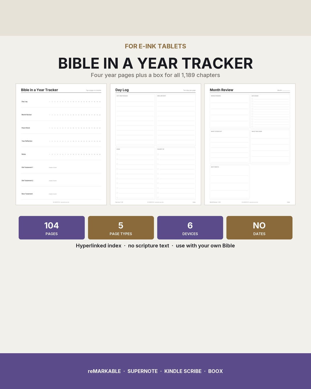 Bible in a Year Tracker for E-ink Tablets, Digital Bible Study Journal ...