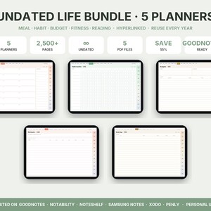 Pack de planificadores digitales sin fecha, 5 planners GoodNotes con enlaces para iPad: comidas, hábitos, presupuesto, fitness, lectura