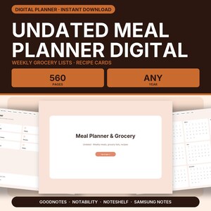 Digitaler Essensplaner undatiert, Wochen Mahlzeitenplaner und Einkaufsliste für GoodNotes iPad, Rezeptkarten, Vorratsliste, Notability
