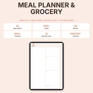 Planner repas numérique non daté, planning repas hebdomadaire et liste de courses pour GoodNotes iPad, fiches recettes, inventaire