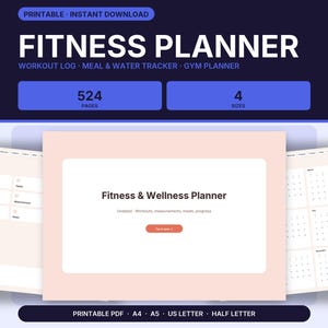 Planificateur Fitness à Imprimer, Carnet d'Entraînement, Eau, Repas et Objectifs PDF, A4 A5 US Letter