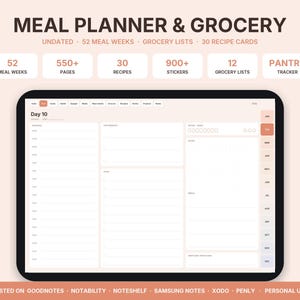 Planificador de comidas digital sin fecha, menú semanal y lista de la compra para GoodNotes iPad, recetas, inventario despensa, Notability