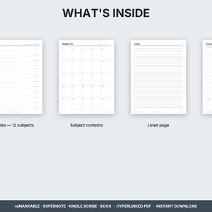 What is inside: index, subject contents page, lined page, Cornell page