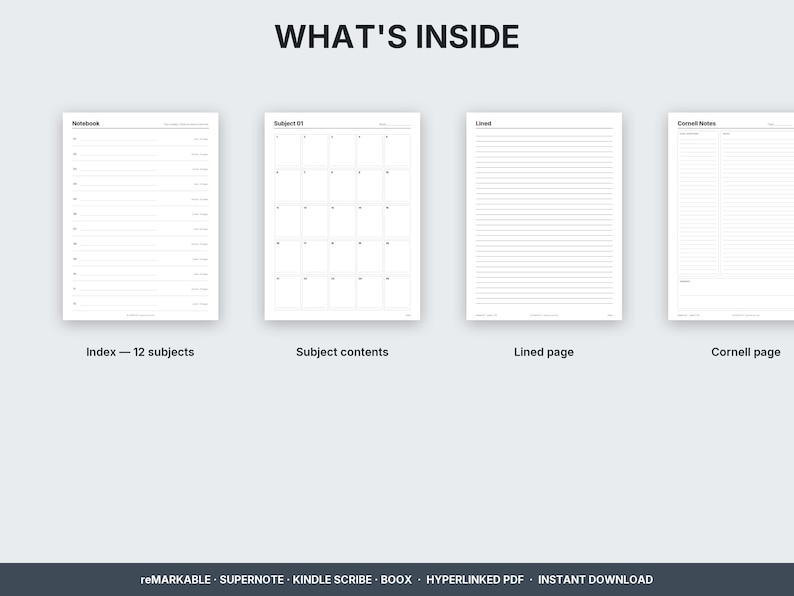What is inside: index, subject contents page, lined page, Cornell page