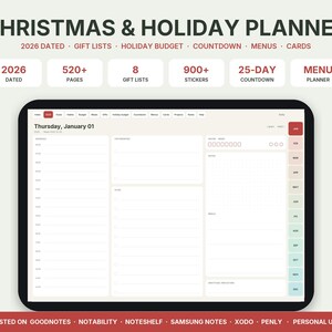 Planner Natale 2026 digitale, agenda feste per GoodNotes iPad, lista regali, budget natalizio, calendario avvento, menu, lista biglietti