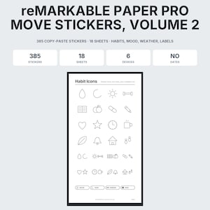 Może przedstawiać: Zestaw cyfrowych naklejek zatytułowany reMARKABLE PAPER PRO MOVE STICKERS, VOLUME 2. Zawiera 385 naklejek typu kopiuj-wklej na 18 arkuszach z ikonami nawyków, nastroju, pogody i etykiet w formie czarnych rysunków liniowych.