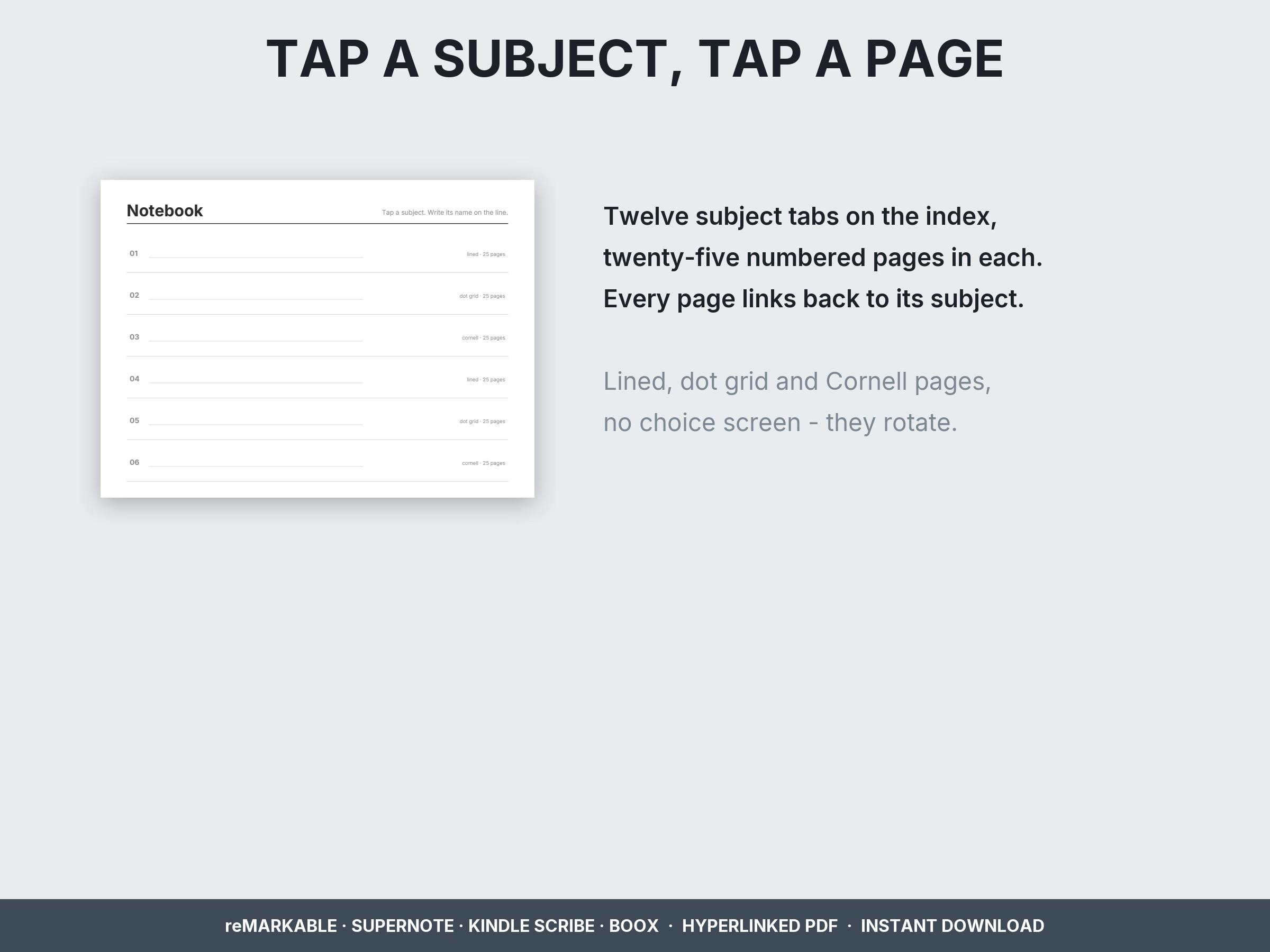 Tap a subject on the index, then tap a page number