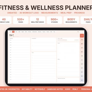 Planificador fitness digital sin fecha, diario de entrenamiento y bienestar para GoodNotes iPad, medidas corporales, meal prep, progreso