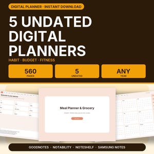 Lot de planners numériques non datés, 5 planners GoodNotes à liens pour iPad : repas, habitudes, budget, fitness, lecture