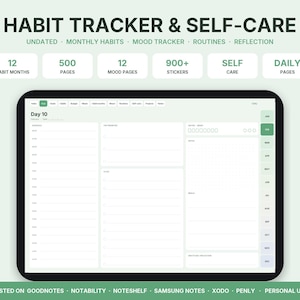 Habit tracker planner digital sin fecha, diario de autocuidado para GoodNotes iPad, registro de ánimo, rutinas, planner bienestar
