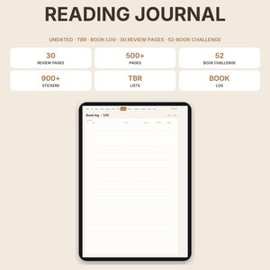 Diario de lectura digital sin fecha, registro de libros para GoodNotes iPad, lista TBR, registro lector, 30 reseñas, reto 52 libros