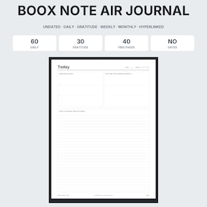 Op de afbeelding: Een digitaal Boox Note Air journal-sjabloon met een dagelijkse indeling met secties voor dankbaarheid, dagelijkse taken en notities. De pagina bevat kopteksten voor datum en stemming, met 60 dagelijkse, 30 dankbaarheid- en 40 vrije pagina's.