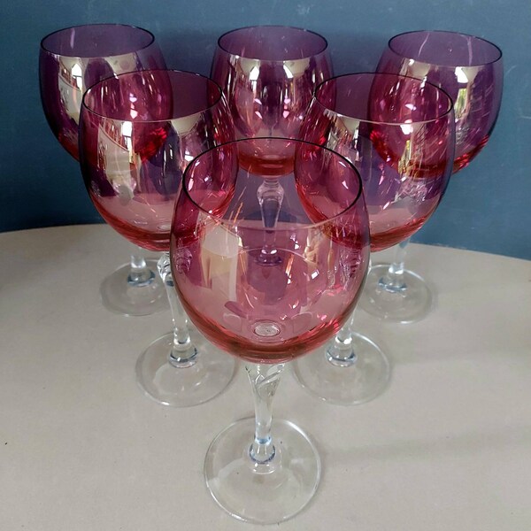 6 Vintage Pink Wine Glasses with clear art deco inspired stems, 170ml capacity,  1980's