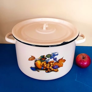 May include: A white enamel pot with a lid and handles, decorated with a fruit design. The pot has a black rim and a light pink lid. A red apple sits beside the pot on a blue surface.