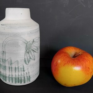 May include: A white ceramic vase with a floral design and a red and yellow apple. The vase has a cylindrical shape with a slightly flared top. The floral design is in green and features a sunflower. The apple is round and has a smooth skin.