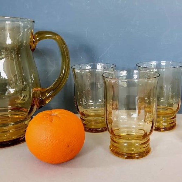 Art Deco style amber glass pitcher set, gorgeous pitcher with four glasses