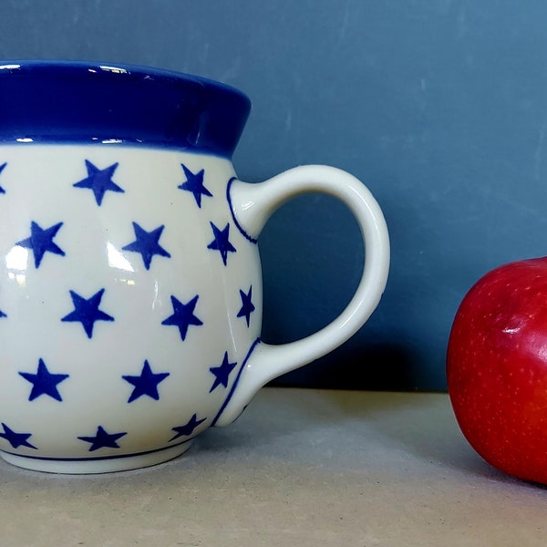 Vintage Polish Pottery Mug, large rounded shape with rich blue glaze and star pattern, Boleslawiec, Poland, 1990's.