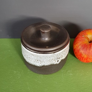 May include: A ceramic jar with a lid. The jar has a dark brown base and lid, with a white speckled band around the middle. The jar has a small knob on top. A red and yellow apple is next to the jar.