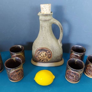 Vintage ceramic wine flagon and 6 tumblers, made by Tremar Pottery, Cornwall, 1970s.