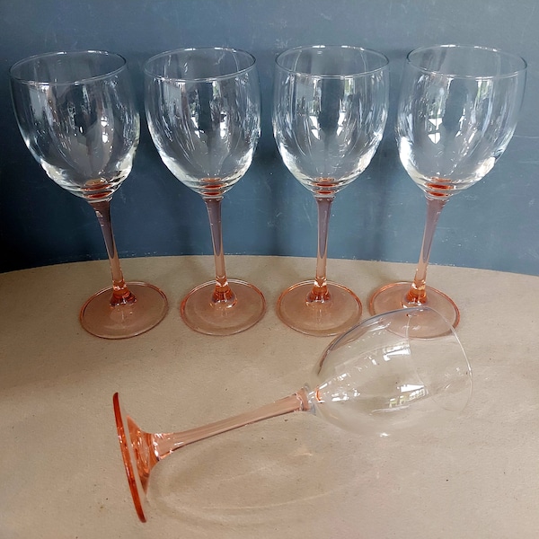 5 Vintage Rose Pink Stemmed Wine Glasses, very pretty set, 150ml,  Luminarc France 1980's