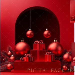 May include: A festive digital backdrop in shades of red, featuring Christmas ornaments, gift boxes with bows, and a wreath. The scene includes large, shiny red baubles, and the text "DIGITAL BACKDROP" in gold.