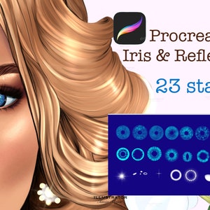 May include: Procreate Iris & Reflection 23 stamps for digital art. A blue background with 23 blue irises and other eye details. The Procreate app icon is in the top right corner.