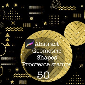 Peut inclure: Un ensemble de 50 formes géométriques abstraites dorées pour Procreate. Les formes sont de styles variés, y compris des cercles, des carrés, des triangles et des étoiles. Les formes sont parfaites pour ajouter une touche d'or à votre art numérique.