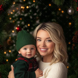 Könnte beinhalten: Weihnachtliches Bild einer Frau und eines Babys. Das Baby trägt eine grüne Mütze und einen rot karierten Anzug. Die Frau trägt einen weißen Pullover. Das Bild wird von einem Kranz mit festlicher Dekoration umrahmt. Text: "DIGITAL BACKDROP".