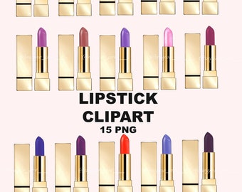 Op de afbeelding: Een set van 15 digitale clipart-afbeeldingen van lippenstiftbuisjes in verschillende kleuren, waaronder rood, roze, paars, blauw, groen en bruin. De buisjes zijn goudkleurig met een zwarte band in het midden. De tekst "LIPSTICK CLIPART 15 PNG" wordt onder de afbeeldingen weergegeven.