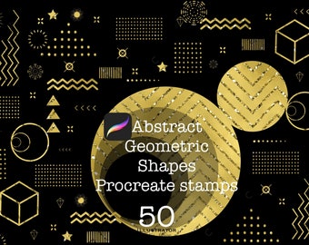 May include: A set of 50 gold abstract geometric shapes for Procreate. The shapes are in a variety of styles, including circles, squares, triangles, and stars. The shapes are perfect for adding a touch of gold to your digital art.