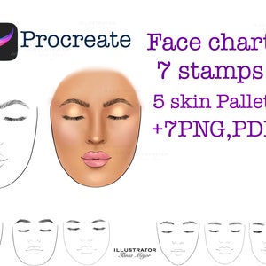 May include: Procreate Face Chart with 7 stamps and 5 skin palettes. The chart includes a variety of face shapes and features, including eyes, eyebrows, nose, and mouth. The skin palettes are a range of brown, peach, and beige colors. The text "Procreate Face Chart 7 stamps 5 skin Pallet +7PNG, PDF" is displayed in purple text. The text "ILLUSTRATOR Kania Major" is displayed in black text.
