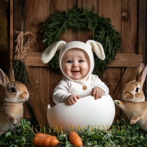 Rustic Easter Digital Backdrop |Bunny Farm Spring Photo Background | Baby Bunny with Eggshell & Carrots | Composite, newborn