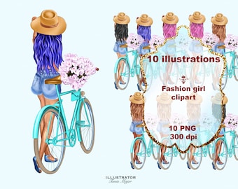 Girl with bicycle, Girl with flowers in hat, Summer girl clipart, Fashion clipart, Fashion girl clipart , Planner Cover