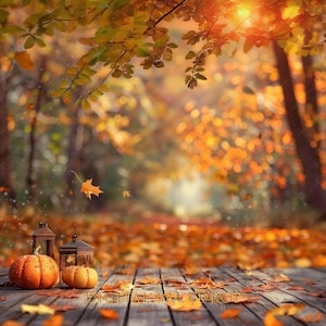 May include: An autumnal scene with pumpkins, lanterns, and fallen leaves on a wooden surface. The background shows a blurred forest with orange and yellow foliage. The image creates a warm, seasonal atmosphere, perfect for autumn themes.